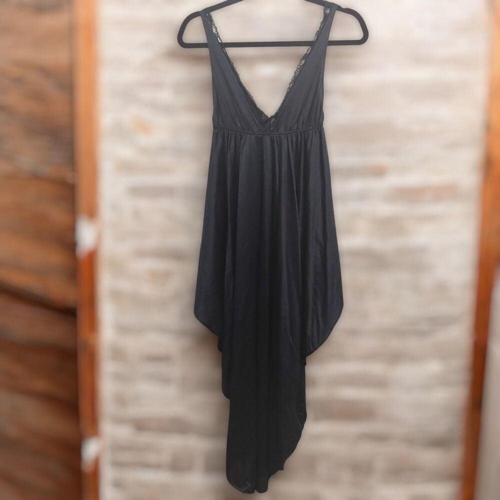 Nighttime Creations Black Satin and Lace Fishtail Tie Waist Sleeveless Robe S